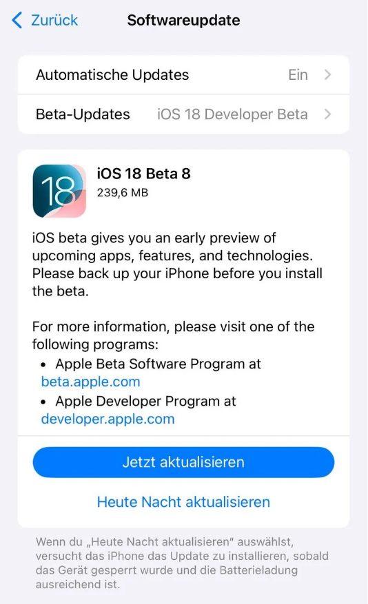 潞城苹果手机维修分享苹果 iOS / iPadOS 18 开发者预览版 Beta 8 发布 